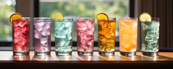 Assortment fresh rainbow cocktails on the bar counter
