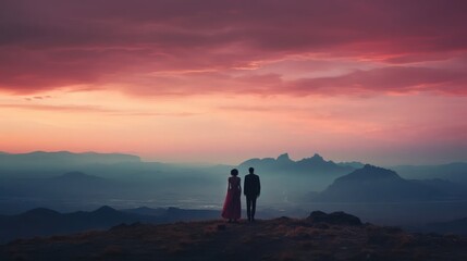 A man and a woman standing and looking at a beautiful cloudy red sky. - obrazy, fototapety, plakaty