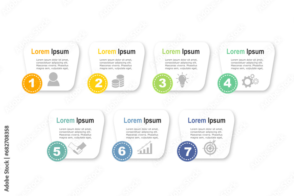 Poster infographic elements template, business concept with 7 steps, multi color shapes design for workflow