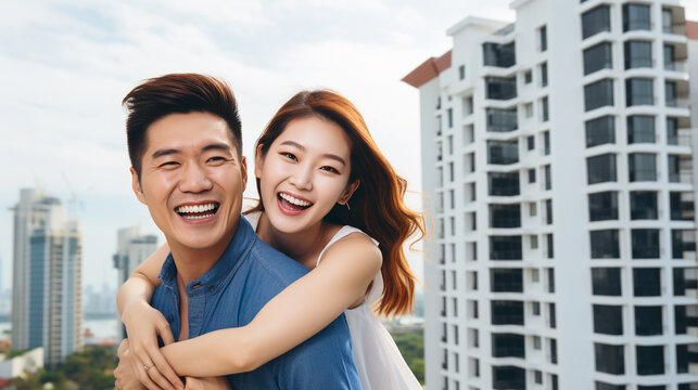 An Asian model couple against the backdrop of an apartment skyline, portraying a happy life with a home and family, filled with vibrant expressions - Generative AI