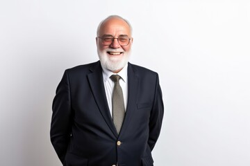 Happy laughing old bearded business man leader executive, smiling senior confident professional businessman wearing suit standing arms crossed isolated on white wall
