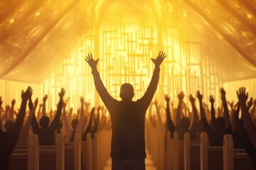 Church worship concept. Christians with raised hands pray and worship to the cross in church building. Salvation, gospel, faith, christian Easter, Good friday