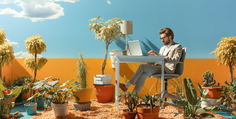Man working outside on laptop. Minimalism.
