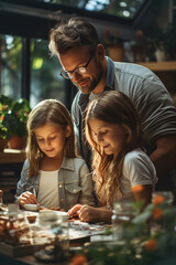 A men and a little girls painting together. Father helping his daughters.