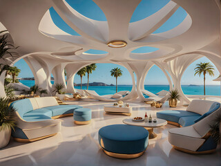 Luxury and opulence beach club / beach restaurant / beach bar in a rich futuristic retro design of the 1950s in all shades of blue with golden elements in a Mexican beachfront setting at day