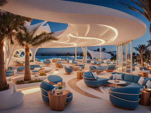 Luxury And Opulence Beach Club / Beach Restaurant / Beach Bar In A Rich Futuristic Retro Design Of The 1950s In All Shades Of Blue With Golden Elements In A Mediterranean Beachfront Setting At Sunset