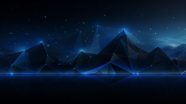 Blue Triangles Wireframe Landscape On Dark Blue Background - Generative AI