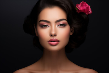 Fototapeta na wymiar A portrait of a woman with natural pink makeup, rosy lips, and pink eyeshadow, velvety skin, and a natural appearance. The portrait is set against a dark background. 
