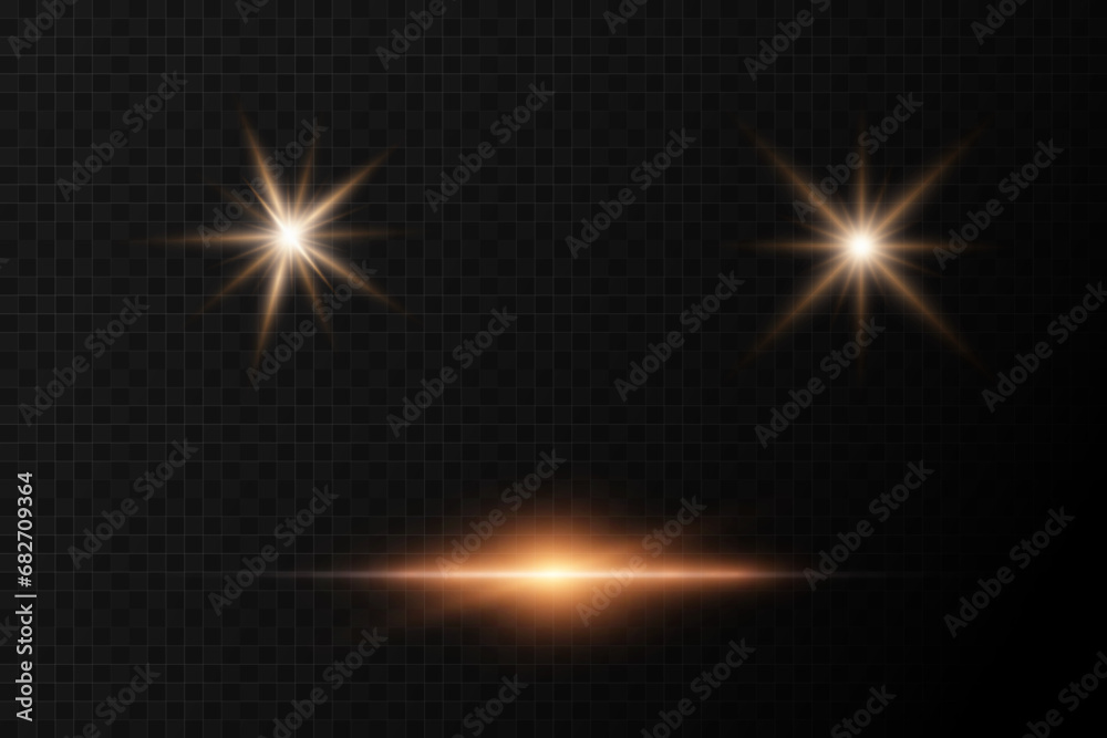 Wall mural Set of realistic vector gold stars png. Set of vector suns png. Golden flares with highlights.