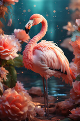 Fototapeta premium A pink flamingo standing in the middle of a body of water. Colorful flowers in pink pastel tones.