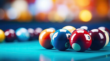 Close-up of pool balls on a blue pool table shallow