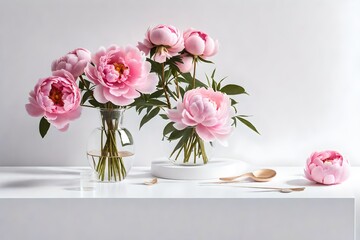 "Generate a compelling 3D rendering featuring a scene with pink peonies in a glass vase on an empty table positioned opposite a white wall with a window.