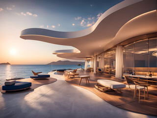 Fototapeta premium Luxury and opulence beach club / beach restaurant / beach bar in a rich futuristic retro design of the 1950s in all shades of blue with golden elements in a mediterranean beachfront setting at sunset