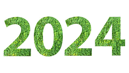 2024, year theme design made from green grass isolated on transparent background, PNG, suitable for...