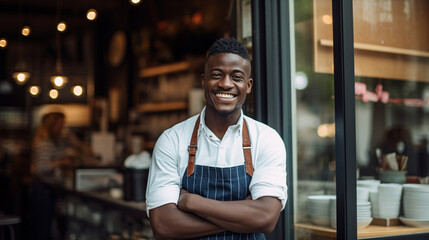 Cheerful African-American barista wearing an apron and standing at the entrance of his cafe - Generative AI