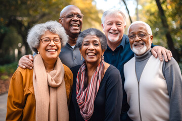 Group of happy diverse seniors in an urban park environment, embracing outdoors, showcasing diversity and friendship.