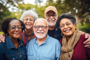 Obraz premium Group of happy diverse seniors in an urban park environment, embracing outdoors, showcasing diversity and friendship.