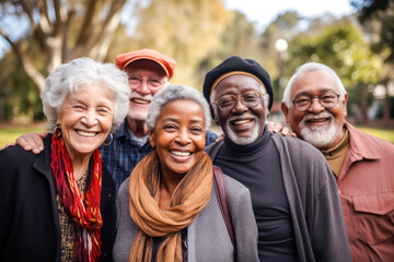 Group of happy diverse seniors in an urban park environment, embracing outdoors, showcasing diversity and friendship. - obrazy, fototapety, plakaty