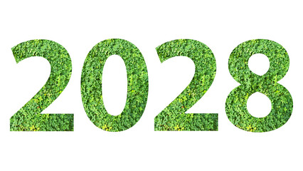 2028, year theme design made from green grass isolated on transparent background, PNG, suitable for...