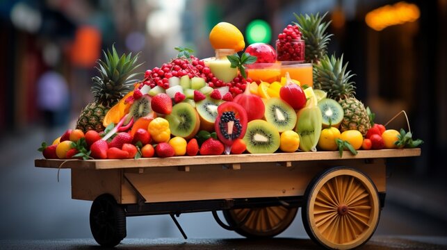 an image of a street food cart loaded with colorful, fresh fruit skewers