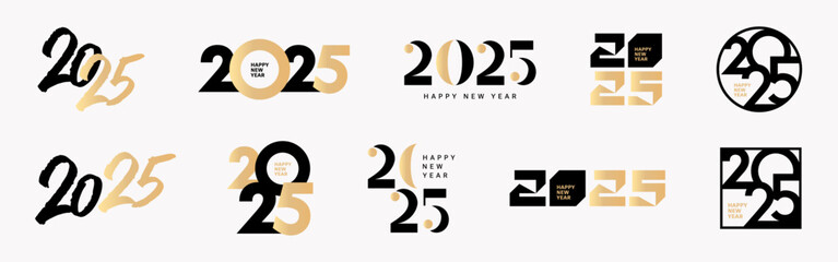 Big Set of 2025 Happy New Year logo text design. 2025 number design template. Collection of 2025 Happy New Year symbols. Vector illustration with black and gold labels isolated on white background.