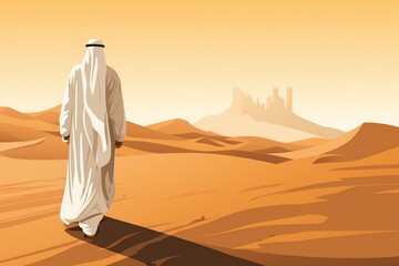 Fototapeta na wymiar Muslim man on the desert cartoon