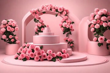 Generate an eye-catching 3D rendering featuring a podium adorned with pink roses set against a pastel pink background, creating an elegant stage to display products, gifts, or cosmetics