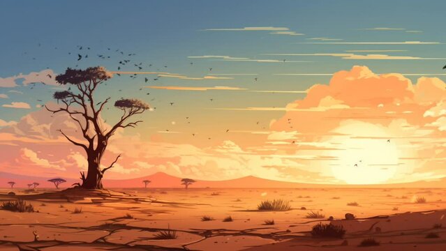 Bird flying across the desert. cartoon illustration style. seamless looping virtual video animation background. Generated with AI