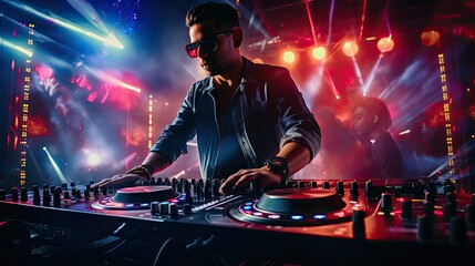 Fototapeta na wymiar DJ mixing tracks in nightclub at party. In the background