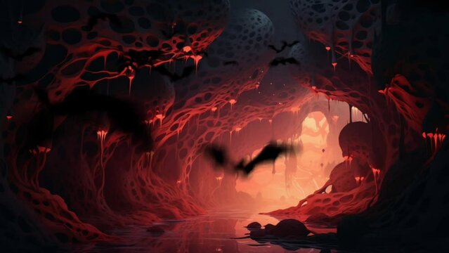 Bats flying out of the cave. seamless looping virtual video animation background, cartoon style. Generated with AI