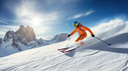 Female skier skiing at Amateur Winter Sports ski - obrazy, fototapety, plakaty