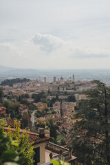 Panoramic view of the Upper Town of Bergamo with historical buildings. Lombardy, Italy.