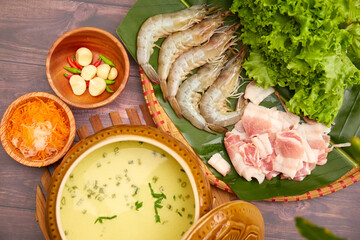 banh xeo delicious traditional food in Vietnam Made from rice flour, water and turmeric powder or coconut milk Crispy Vietnamese Pancakes Stuffed with lard shrimp and bean sprouts, then fried in a pan