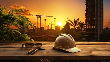 file safety helmet and plant architect on wooden table