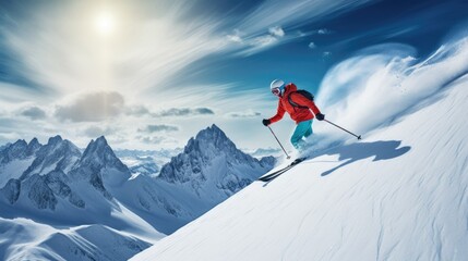 Naklejka na ściany i meble Female skier skiing at Amateur Winter Sports ski