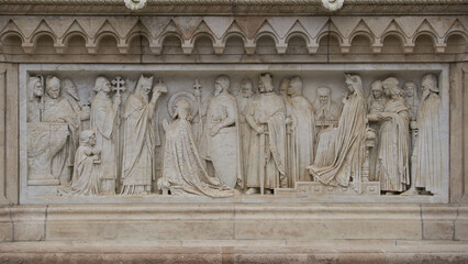 Naklejka premium Marble stone bas relief on the statue of King Saint Stephen in Fisherman's Bastion. Budapest, Hungary - 7 May, 2019