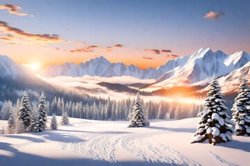 "Generate a breathtaking 3D rendering capturing the beauty of a majestic sunrise in a winter mountain landscape