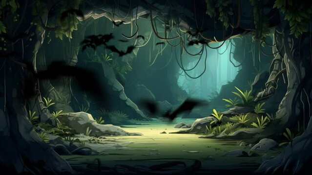 cartoon animation bat flying out of the cave. seamless looping video animation background. Generated with AI