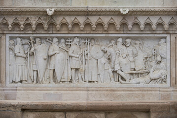 Marble stone bas relief on the statue of King Saint Stephen in Fisherman's Bastion. Budapest, Hungary - 7 May, 2019