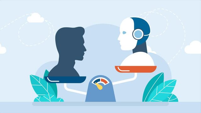 The advantage of human intelligence over artificial intelligence. Robot and man on scales. Artificial and natural intelligence are in scientific balance. AI automation concept. 2D flat animation
