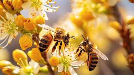Honey bees Apis mellifera pollinate the yellow flowers - obrazy, fototapety, plakaty
