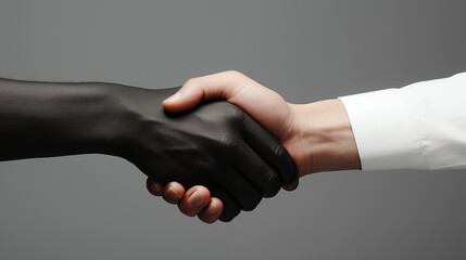 Close up of a handshake in front of a neutral background. A white person in a shirt shakes hands with a black person in a friendly manner - obrazy, fototapety, plakaty