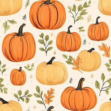 pumpkin fall pattern autumn leaves on pastel orange background seamless pattern