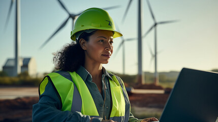 Female engineer wearing hard hat and reflective green jacket standing with laptop against wind turbine and setting it up. Energy concept - Generative AI - obrazy, fototapety, plakaty