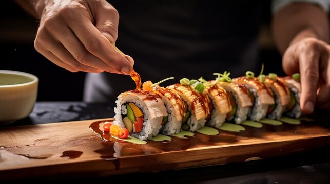 an image of a sushi chef preparing a dragon roll with eel and avocado