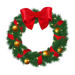 Fototapeta na wymiar Christmas wreath with red bow. Isolated vector illustration.