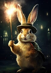 poster of a rabbit wearing a magic hat and a magic - obrazy, fototapety, plakaty
