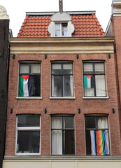 Amsterdam Spuistraat Street House Facade with Palestinian Flags, Netherlands