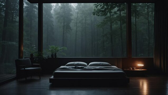 cozy rainy day at home. Cozy apartment bedroom with big window. Raining outside. Cozy hotel. Beautiful forest jungle landscape.