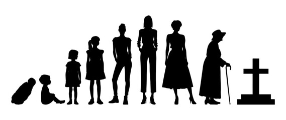 Vector illustration. Silhouette of growing up man from baby to old age. Many people of different ages in a row.